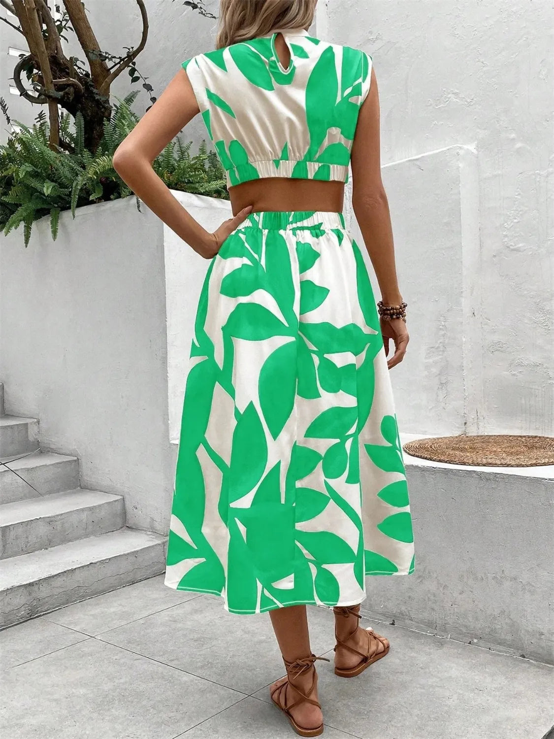 Cutout Cap Sleeve Printed Midi Dress