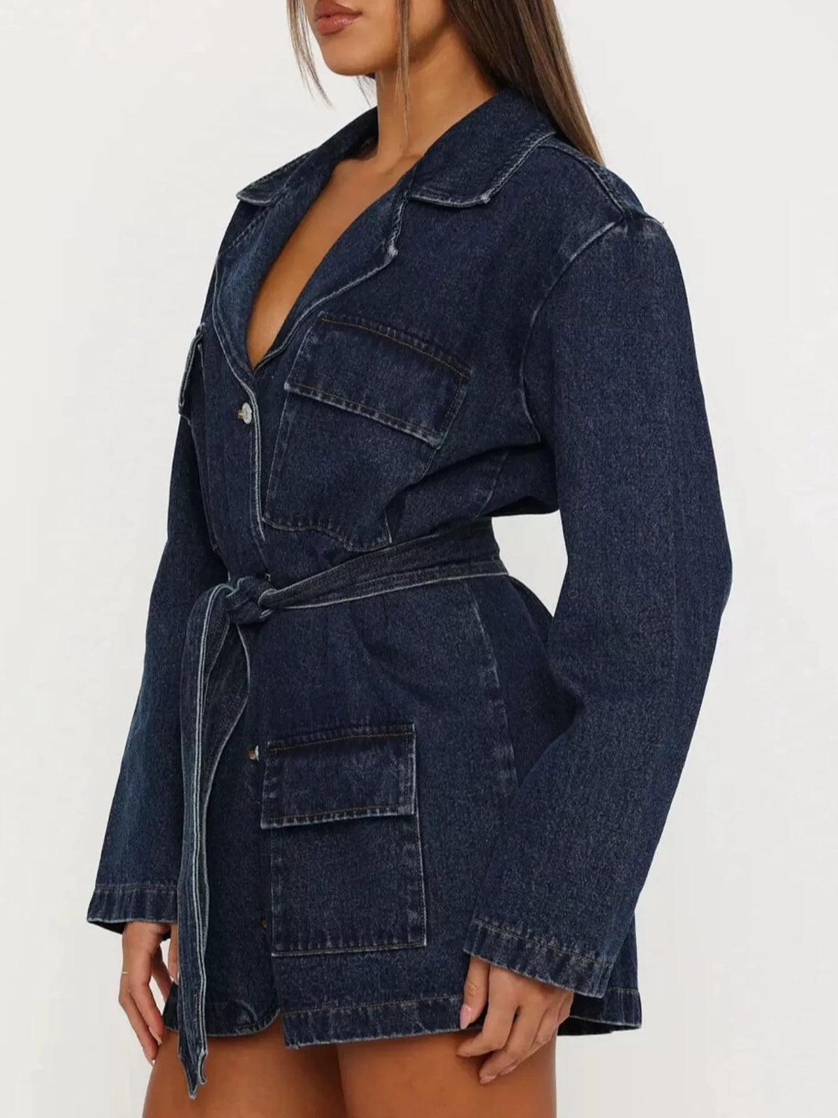 Belted Longline Denim Jacket in Dark Blue