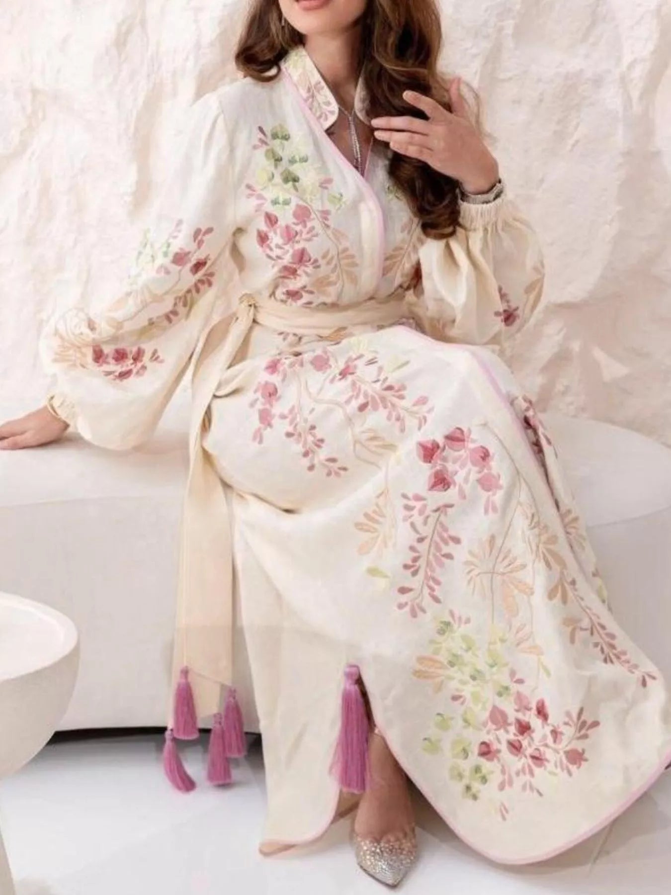 Floral Tie Waist Long-Sleeve Maxi Dress in Color