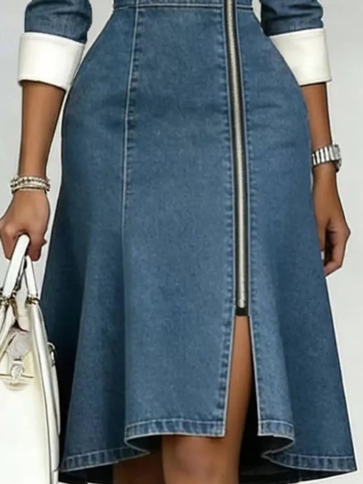 Contrast Lapel Zip-Front Denim Dress