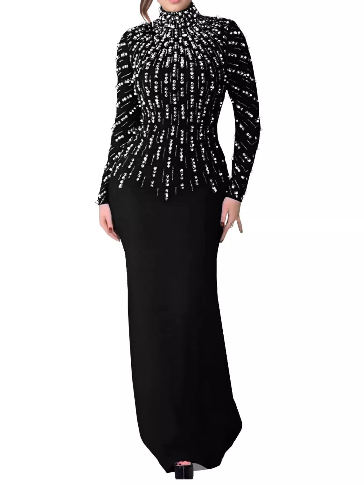 Pearl Detail Mock Neck Maxi Dress in Black