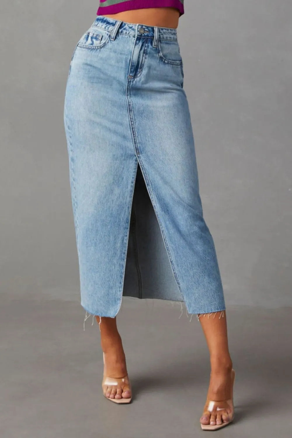 Slit Raw Hem Midi Denim Skirt by X@Y@K