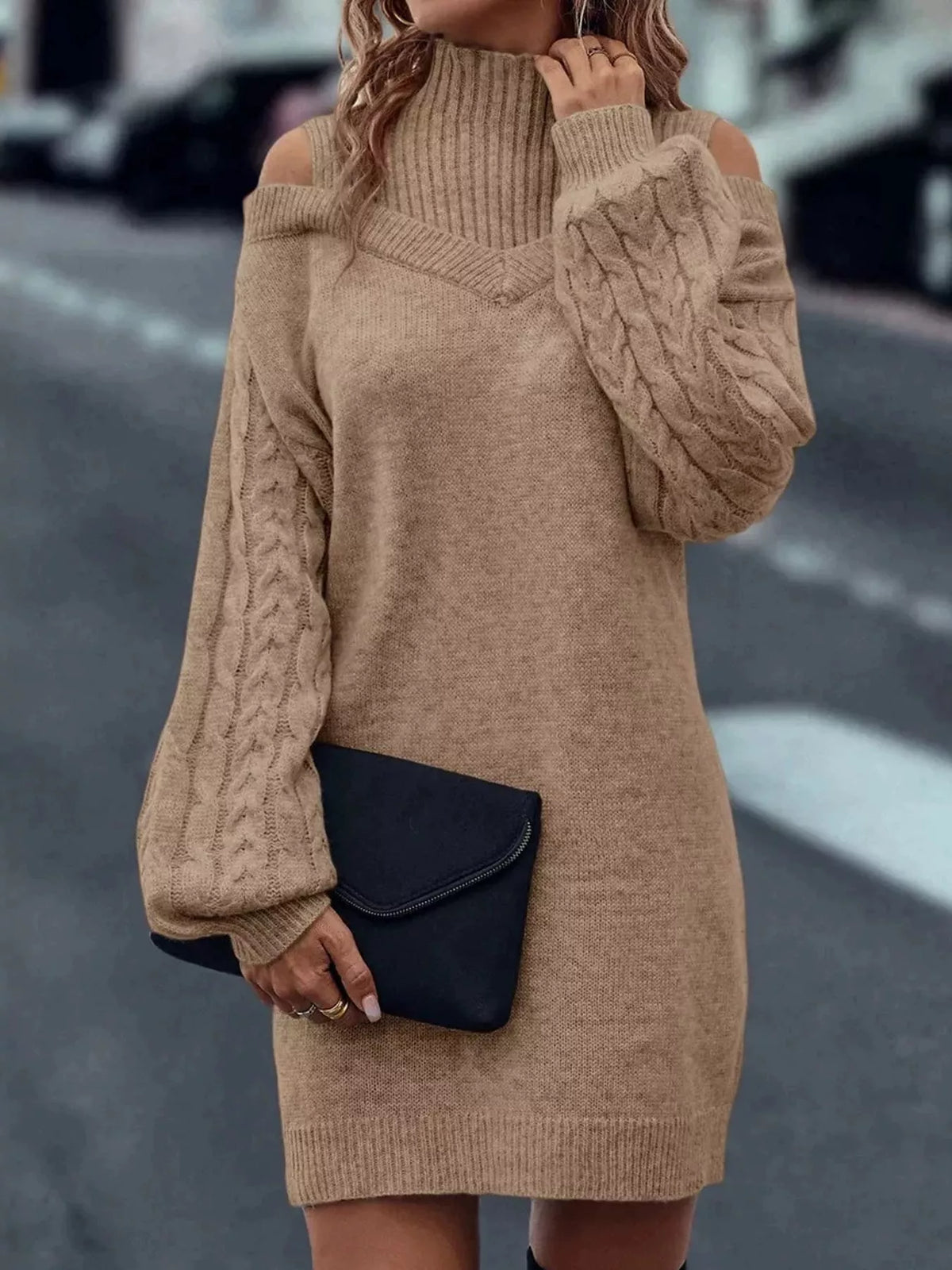 Cable-Knit Cold-Shoulder Mock-Neck Sweater Dress