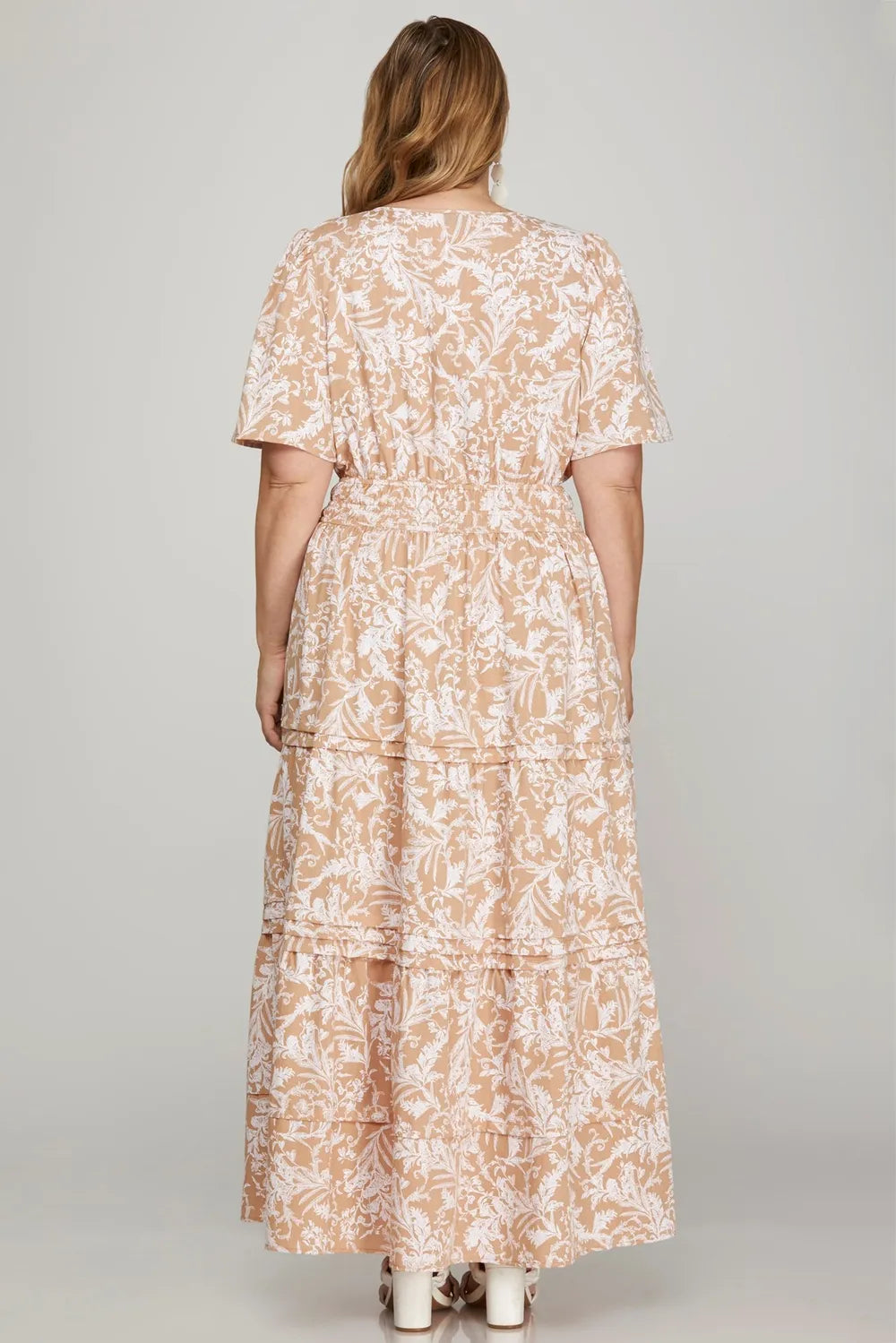 Printed Notched Tiered Maxi Dress in Apricot