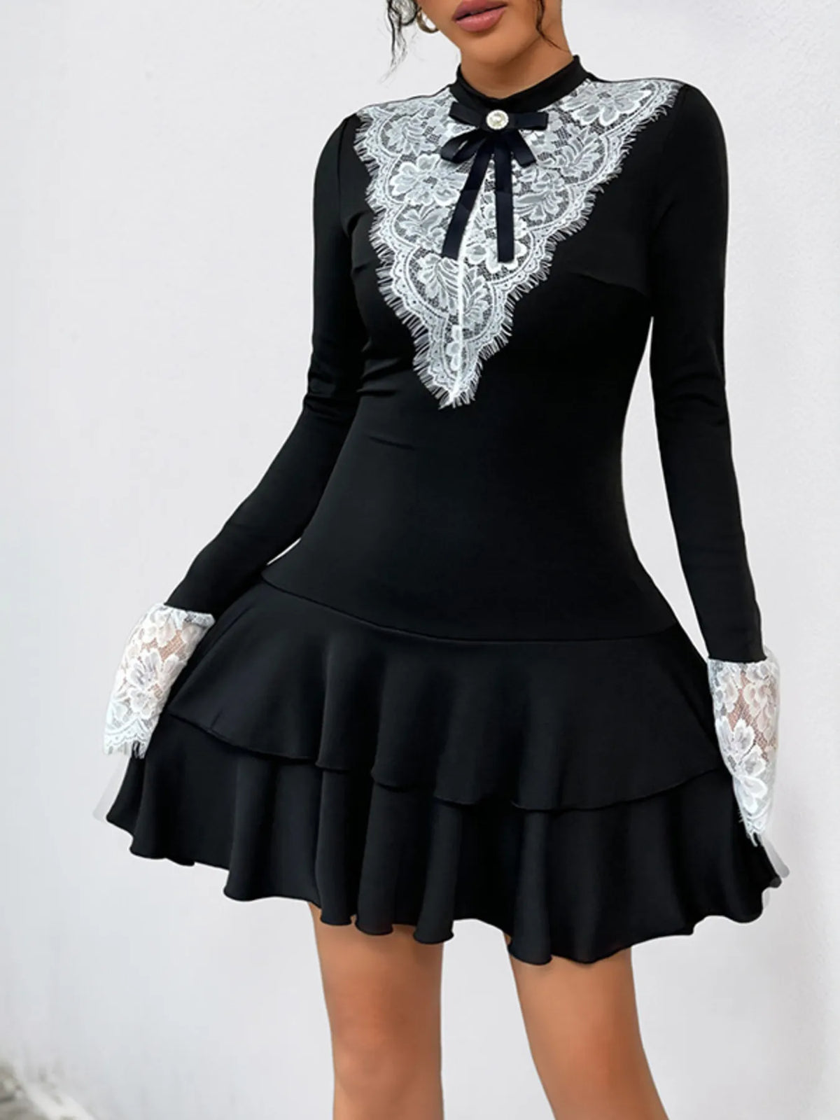 Lace Detail Long Sleeve Mini Dress in Black