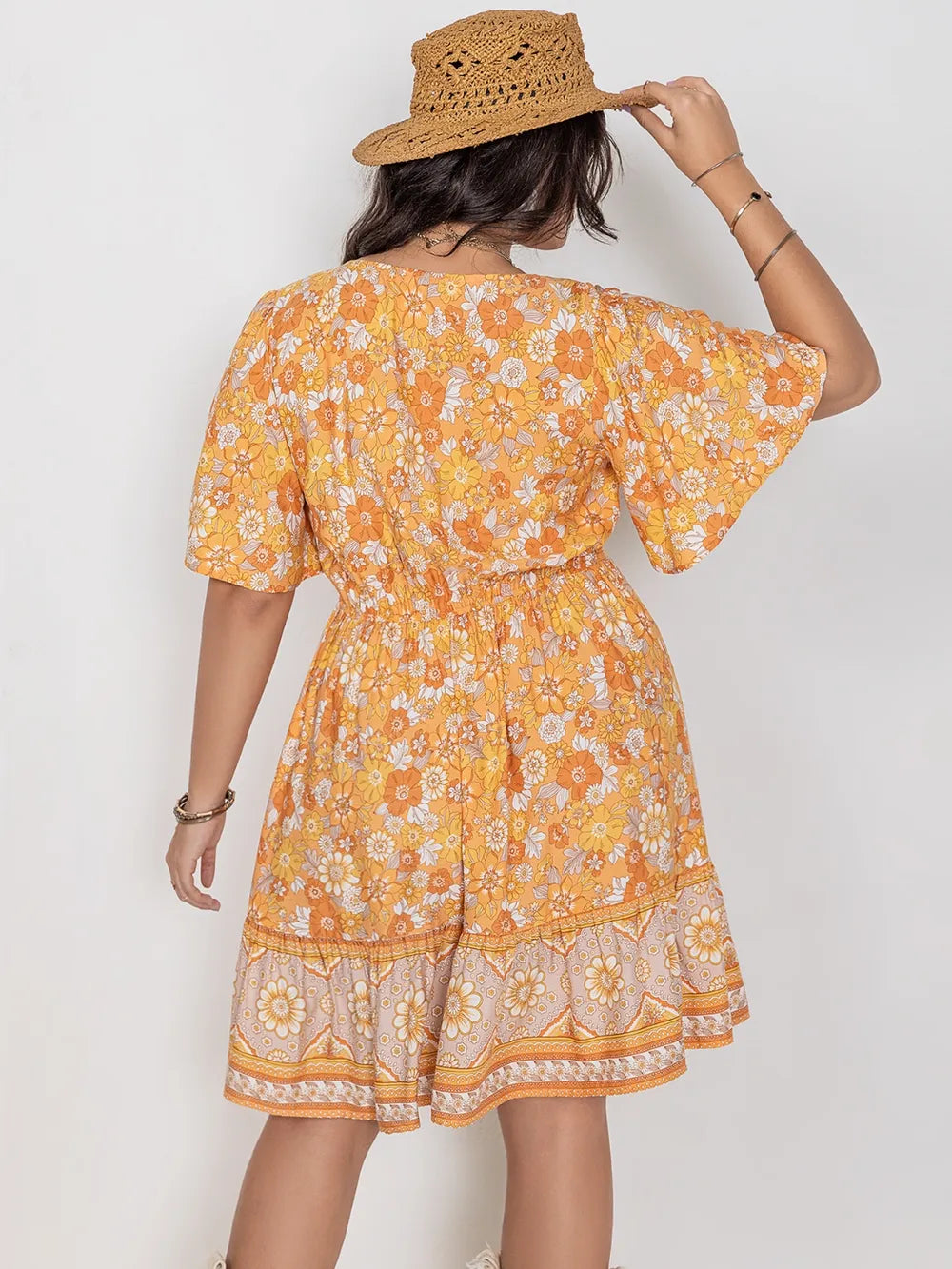 Square Neck Short Sleeve Plus Size Dress in Gold