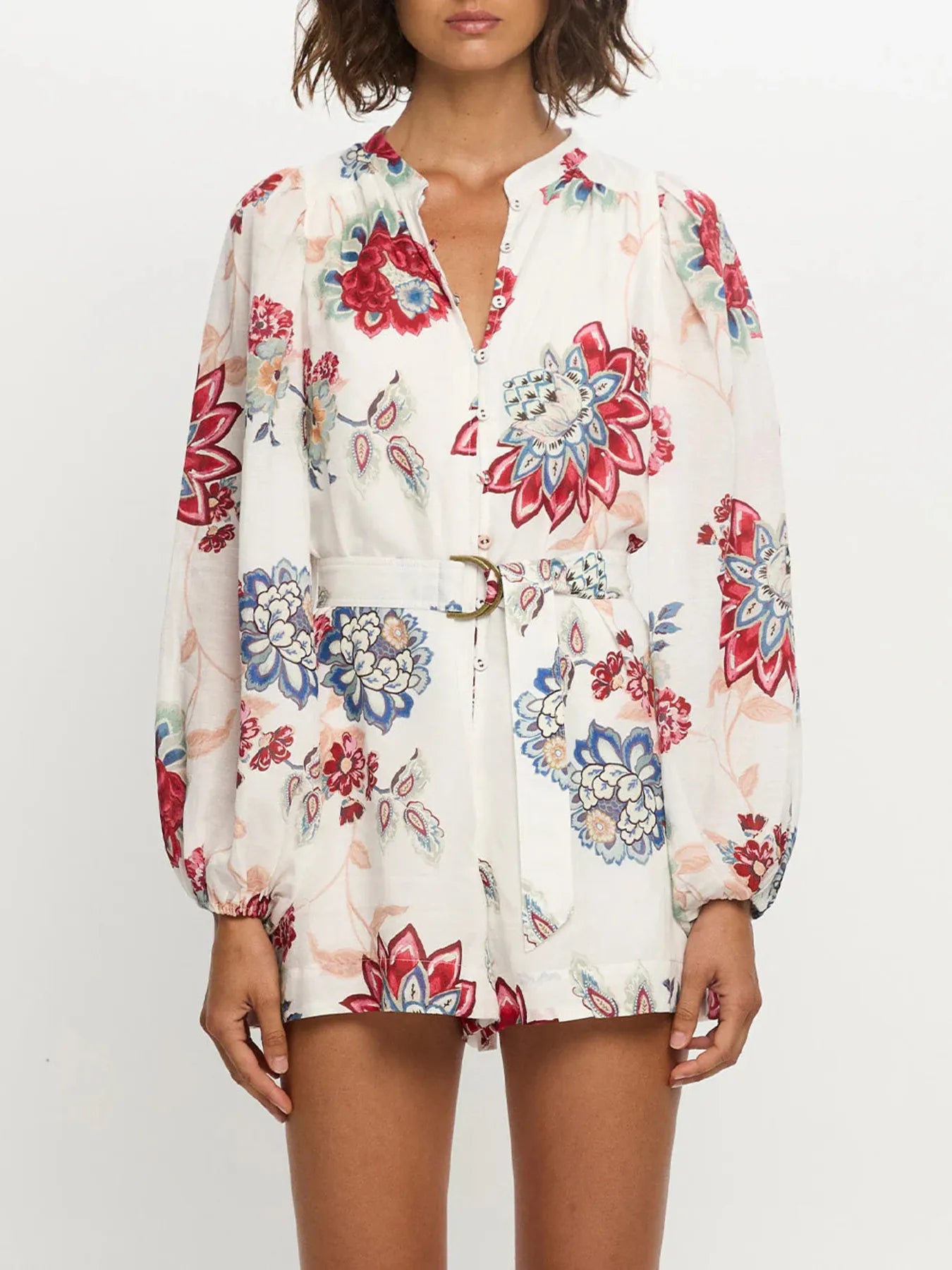 Floral Print Long-Sleeve Romper in White