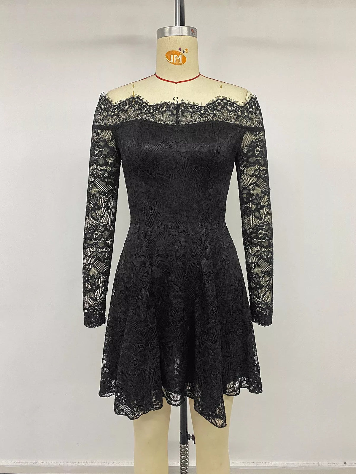 Lace Off Shoulder Mini Dress in Black