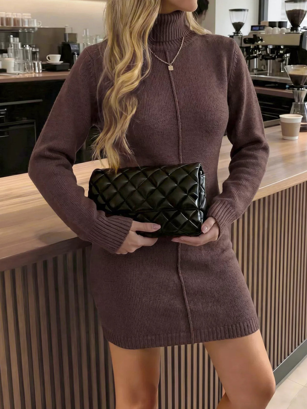 Turtleneck Ribbed Knit Sweater Dress in Brown