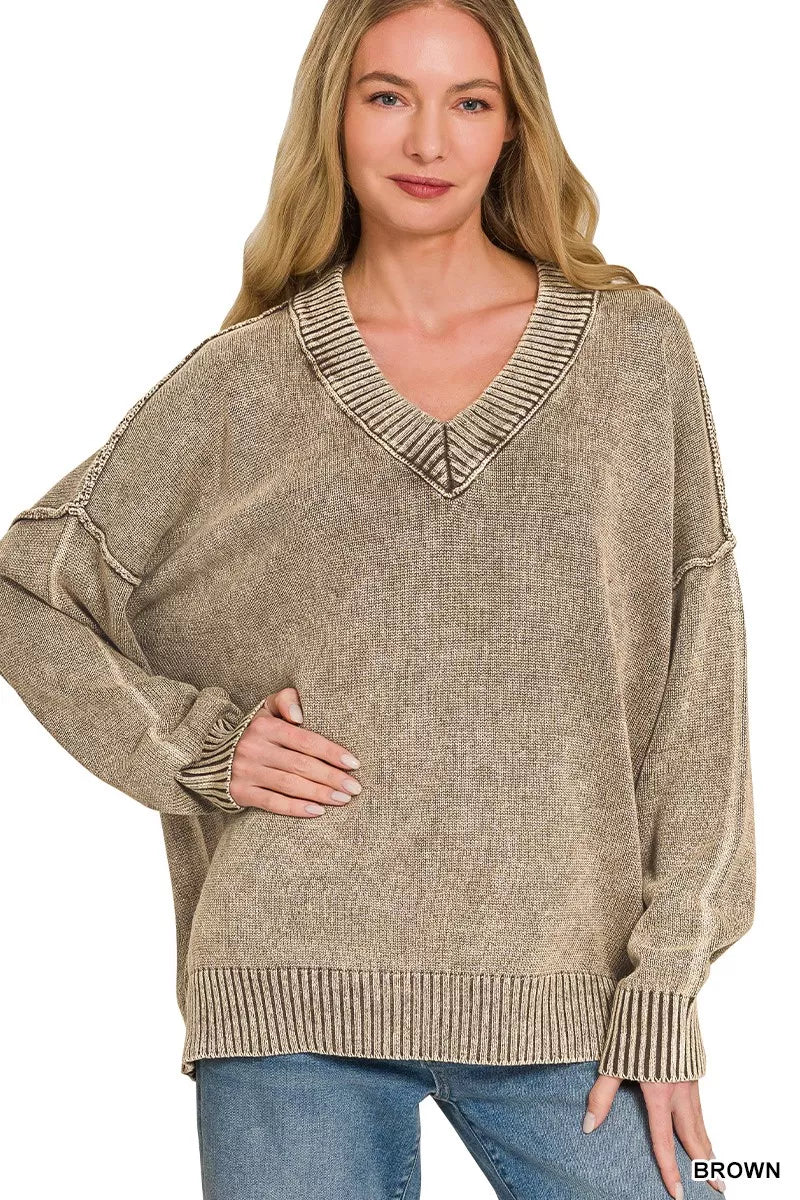 Zenana Washed Deep V-Neck Oversized Sweater in Brown