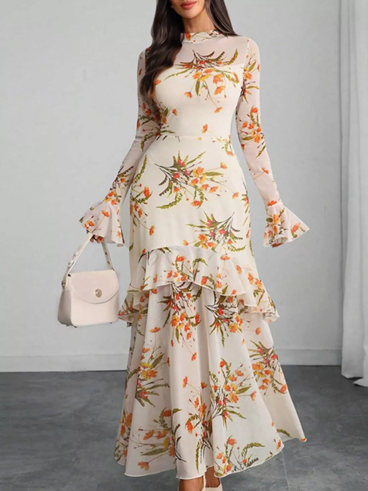 Flounce Sleeve Floral Mermaid Maxi Dress