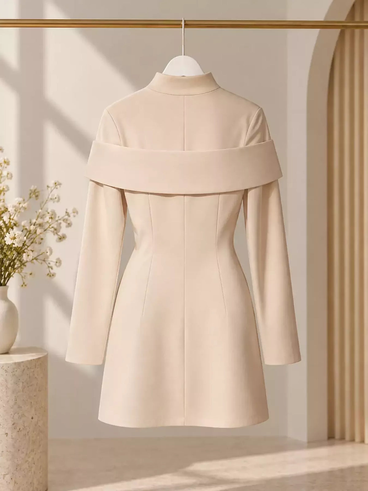 Mock Neck Button Front Mini Dress in Eggshell