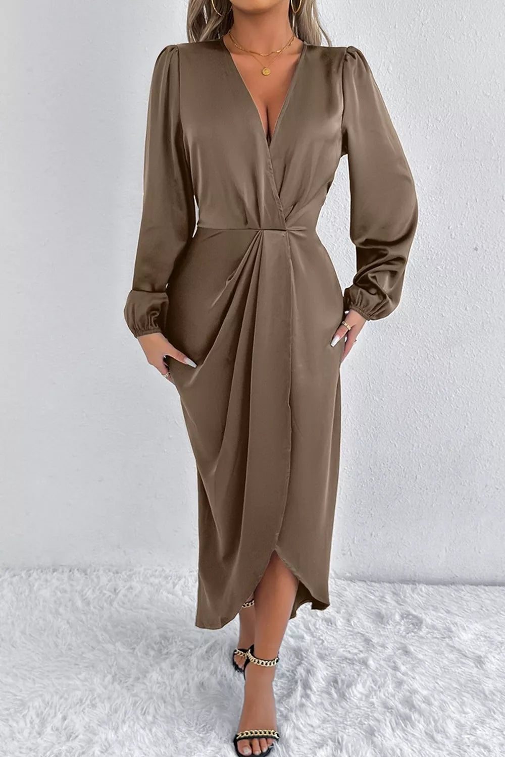 Satin Balloon Sleeve Midi Dress with Side Split