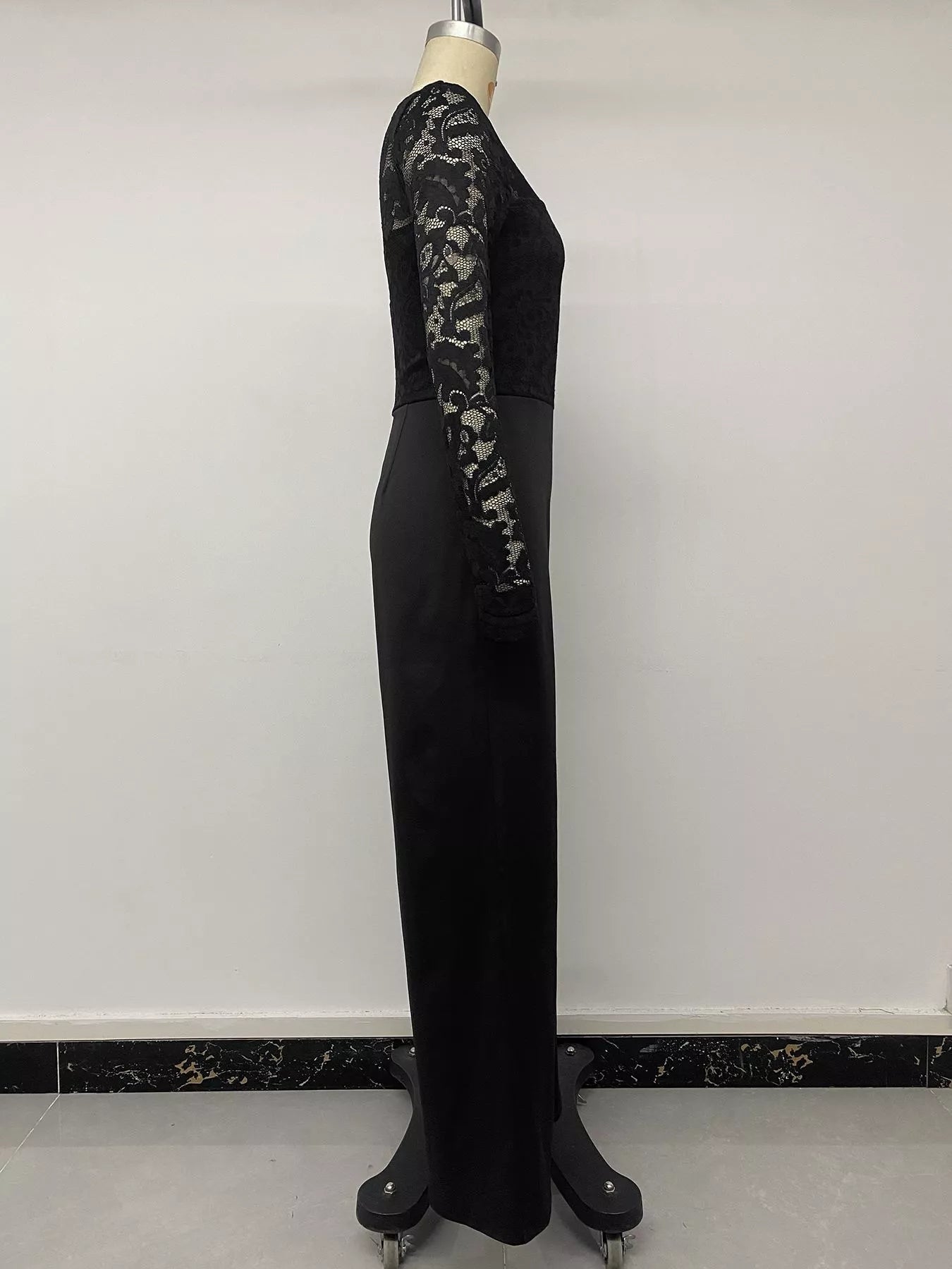 Lace Long Sleeve Wide-Leg Jumpsuit in Black