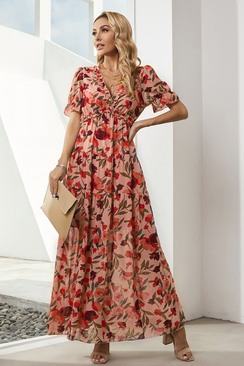 Floral V-Neck Flounce Sleeve Dress