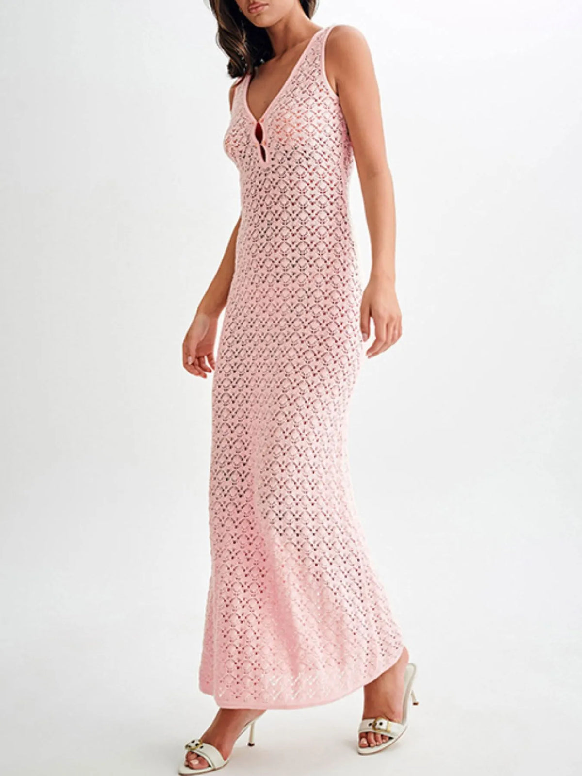 Lace Crochet V-Neck Sleeveless Maxi Dress by D&J Apparel