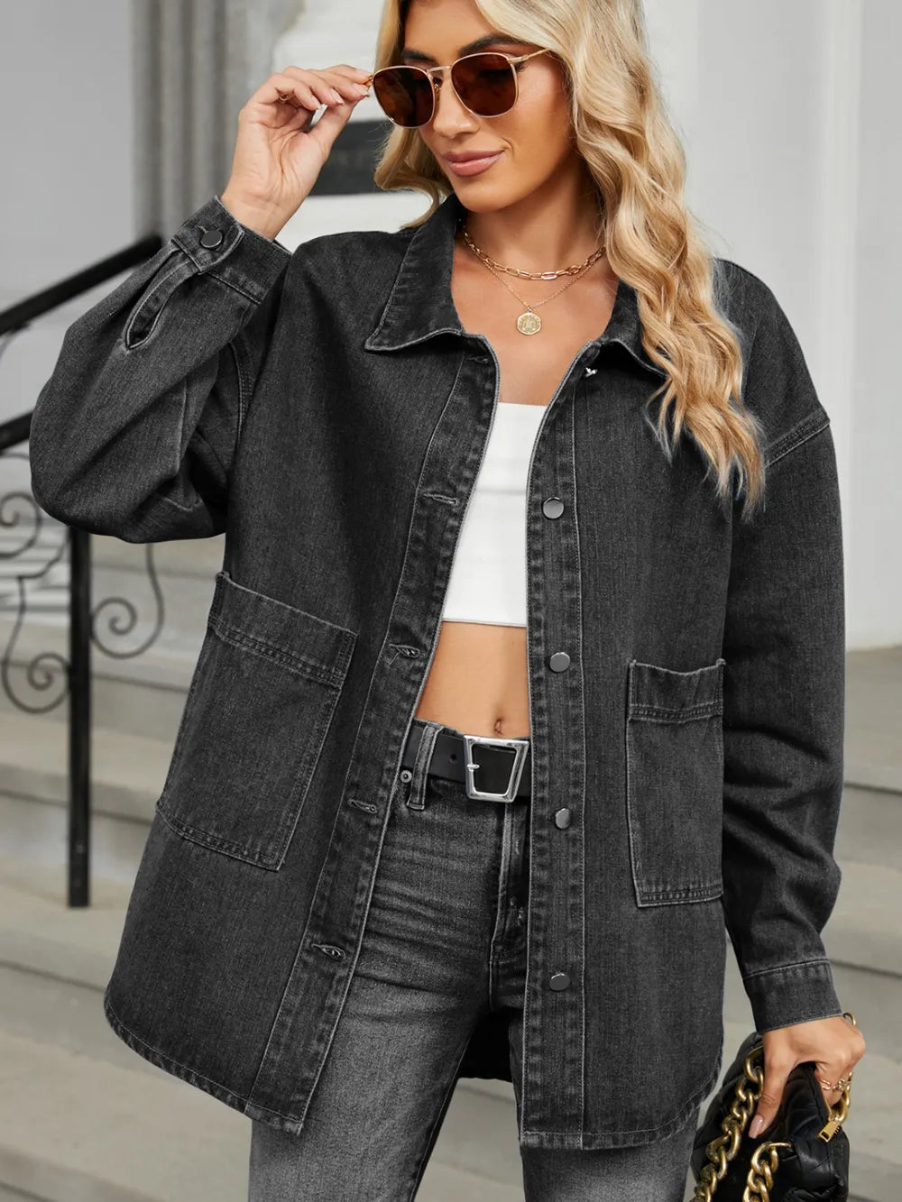 Removable Hood Button-Up Denim Jacket by Manny
