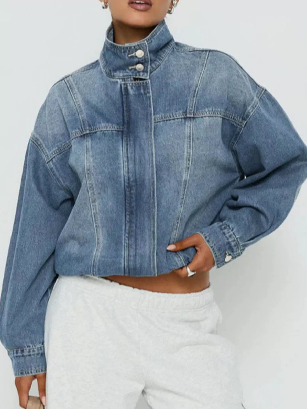 Washed Stand-Up Collar Denim Jacket in Blue