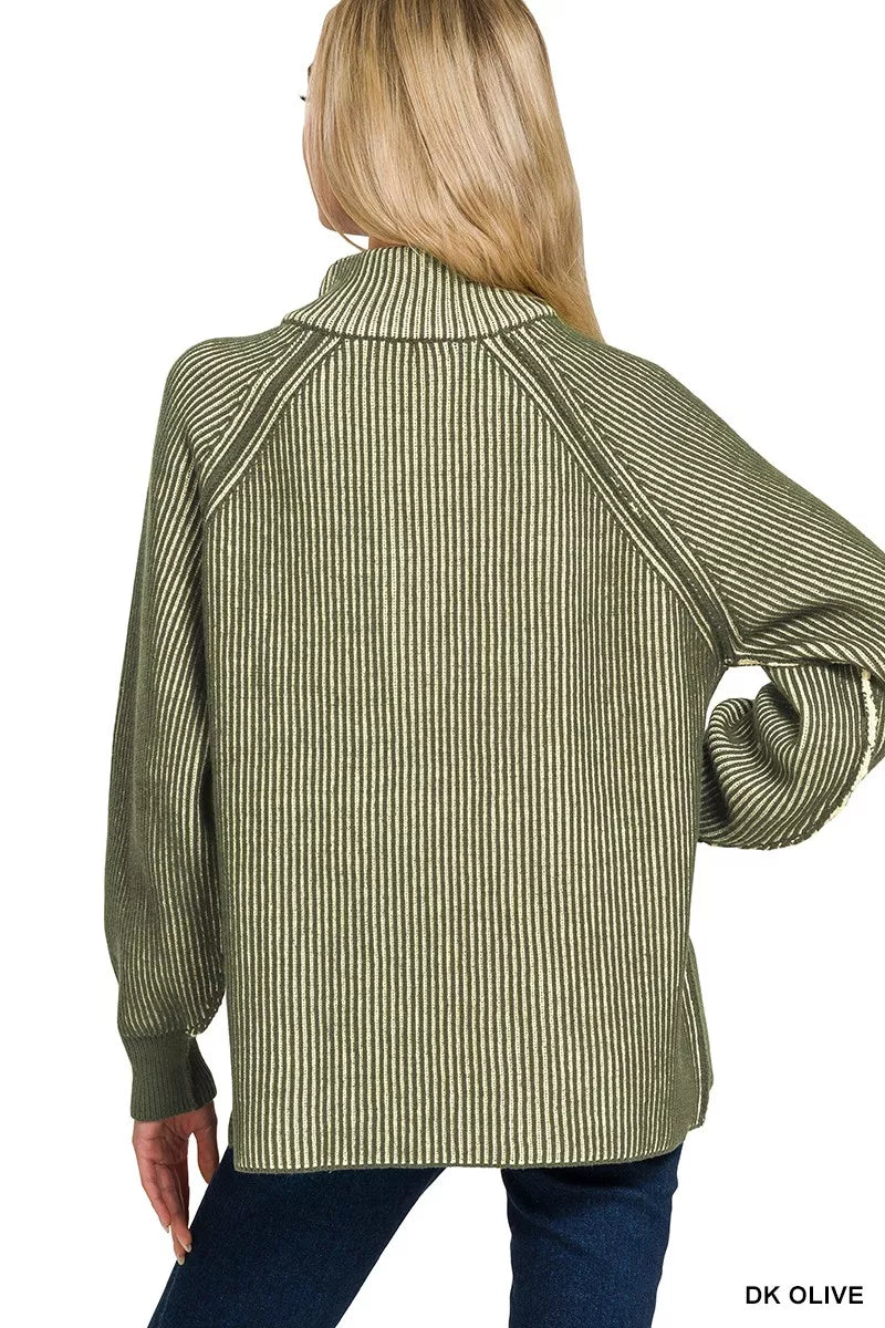 Zenana Two Tone Half Zip Sweater in Dark Olive in Dk olive