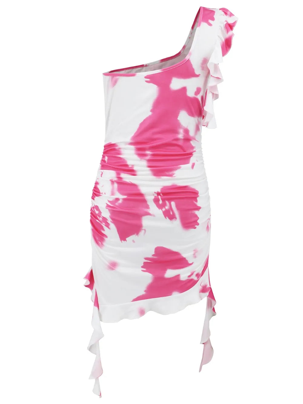 Ruffled Tie-Dye Single-Shoulder Mini Dress