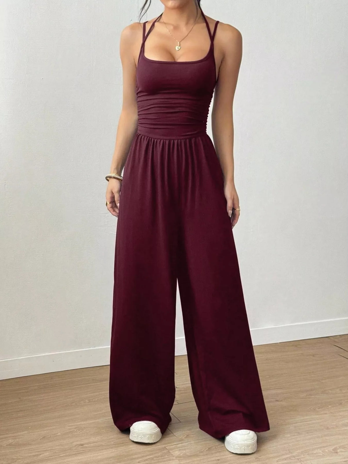 Ruched Spaghetti Strap Wide Leg Jumpsuit