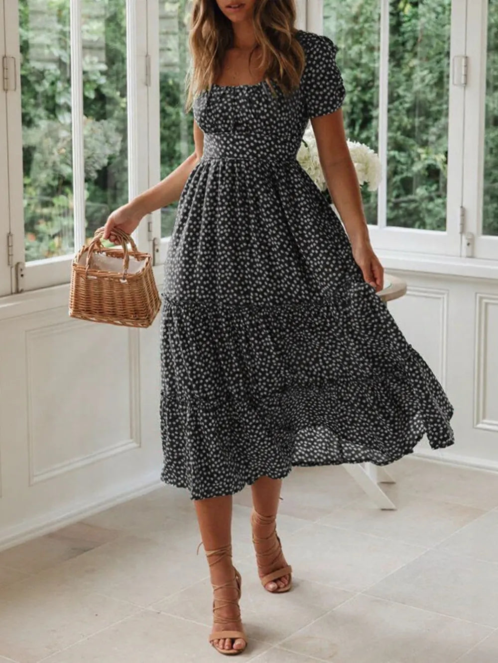 Printed Square Neck Midi Dress by Ease Mee