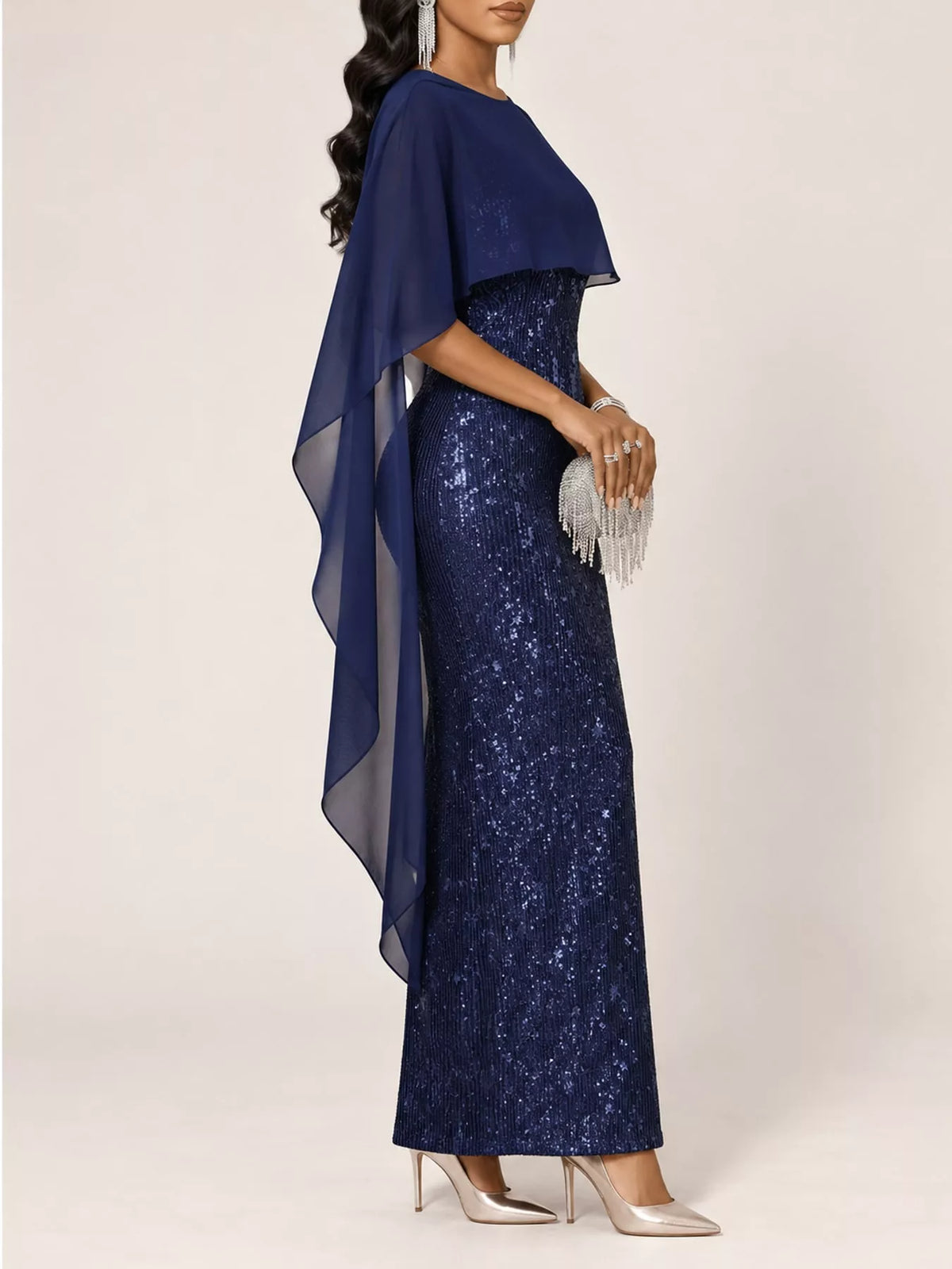 Sequin Cape-Overlay Evening Dress