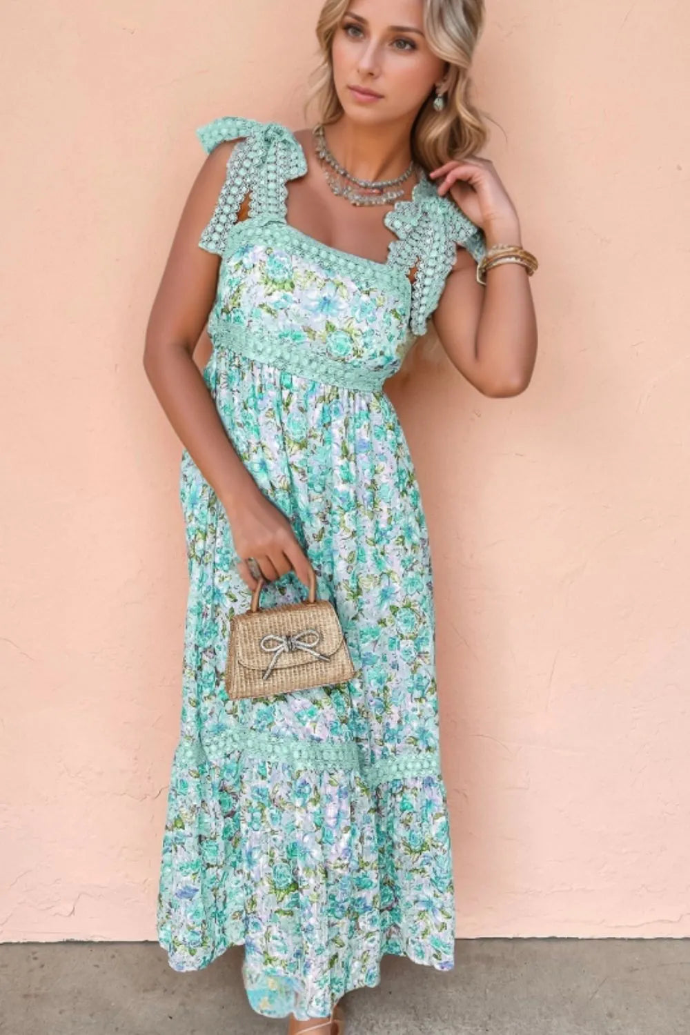 Lace Detail Floral Dress in Turquoise