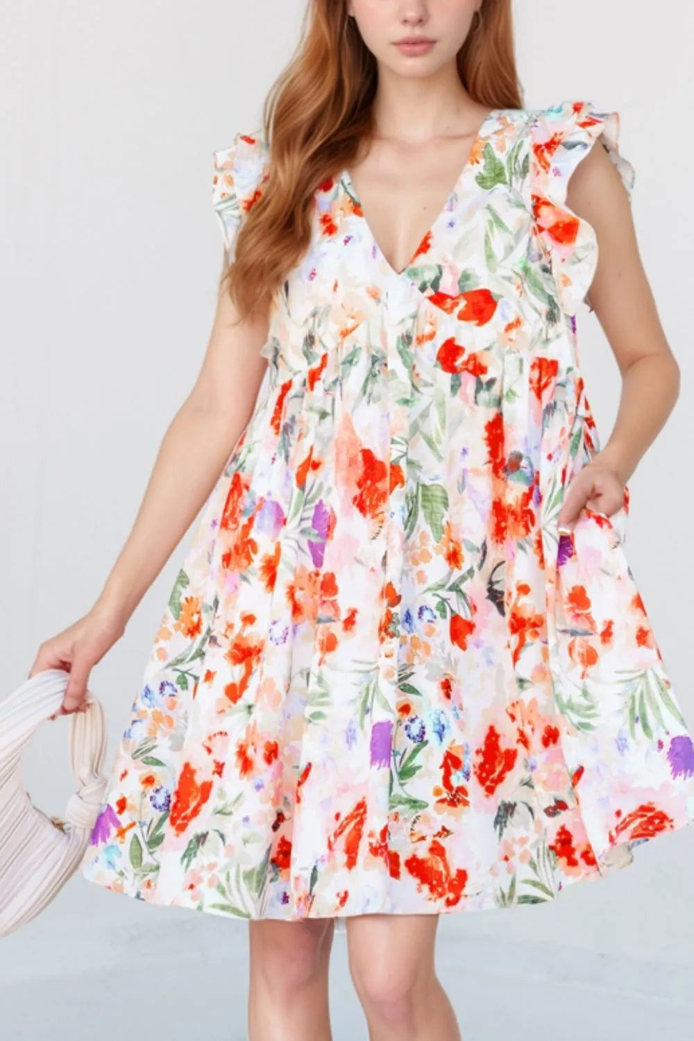 Floral V-Neck Mini Dress with Ruffle Sleeves