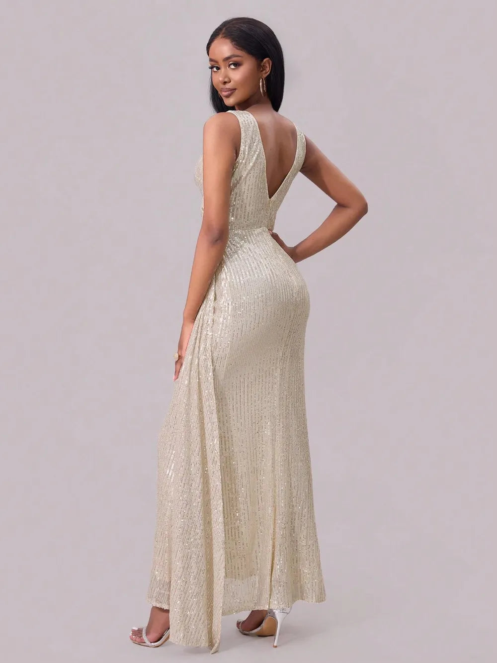 Sequin Surplice Maxi Dress in Champagne in Champagne Color by Jubilair