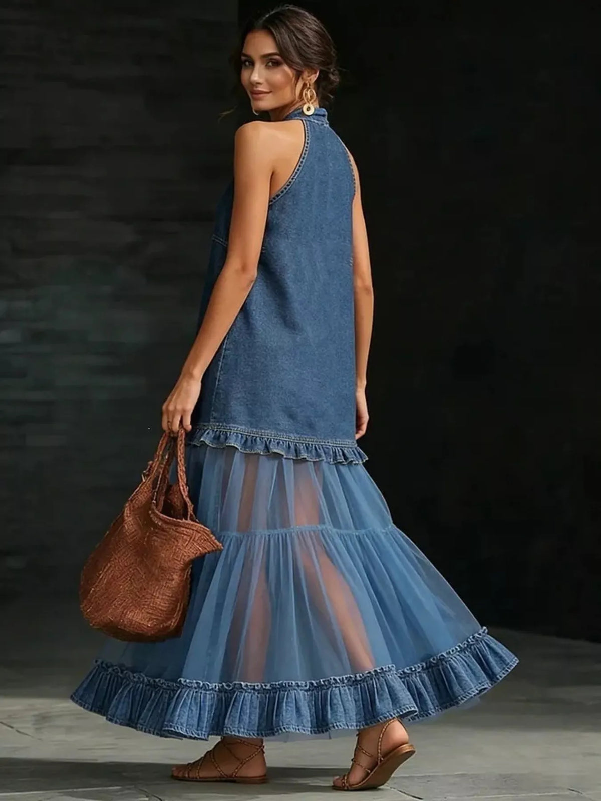 Ruffle Hem Sheer Tulle Denim Dress