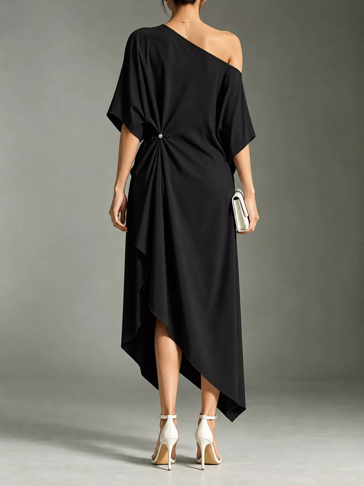 One-Shoulder Asymmetric Hem Midi Dress