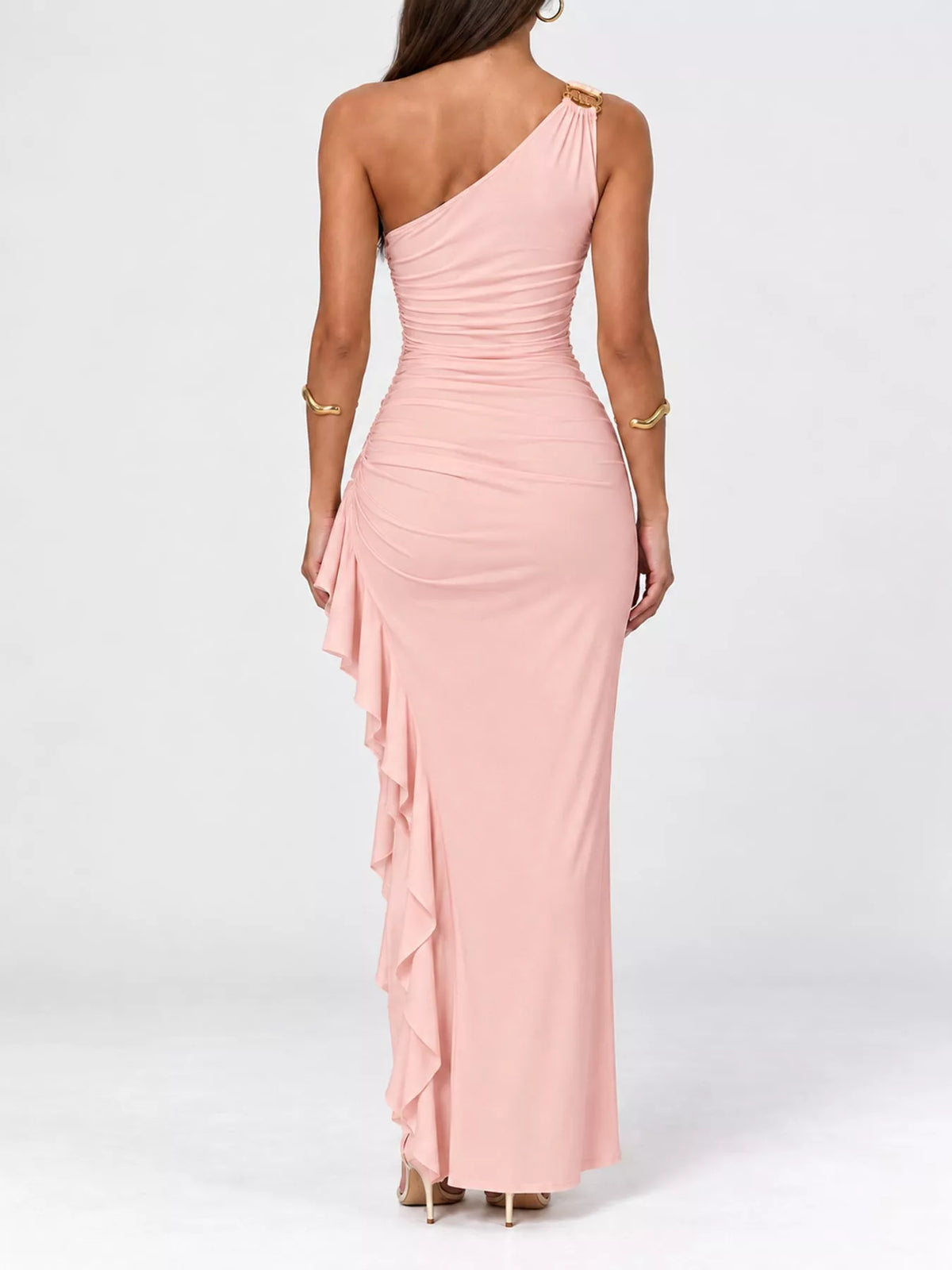 One-Shoulder Ruched Ruffle Hem Maxi Dress