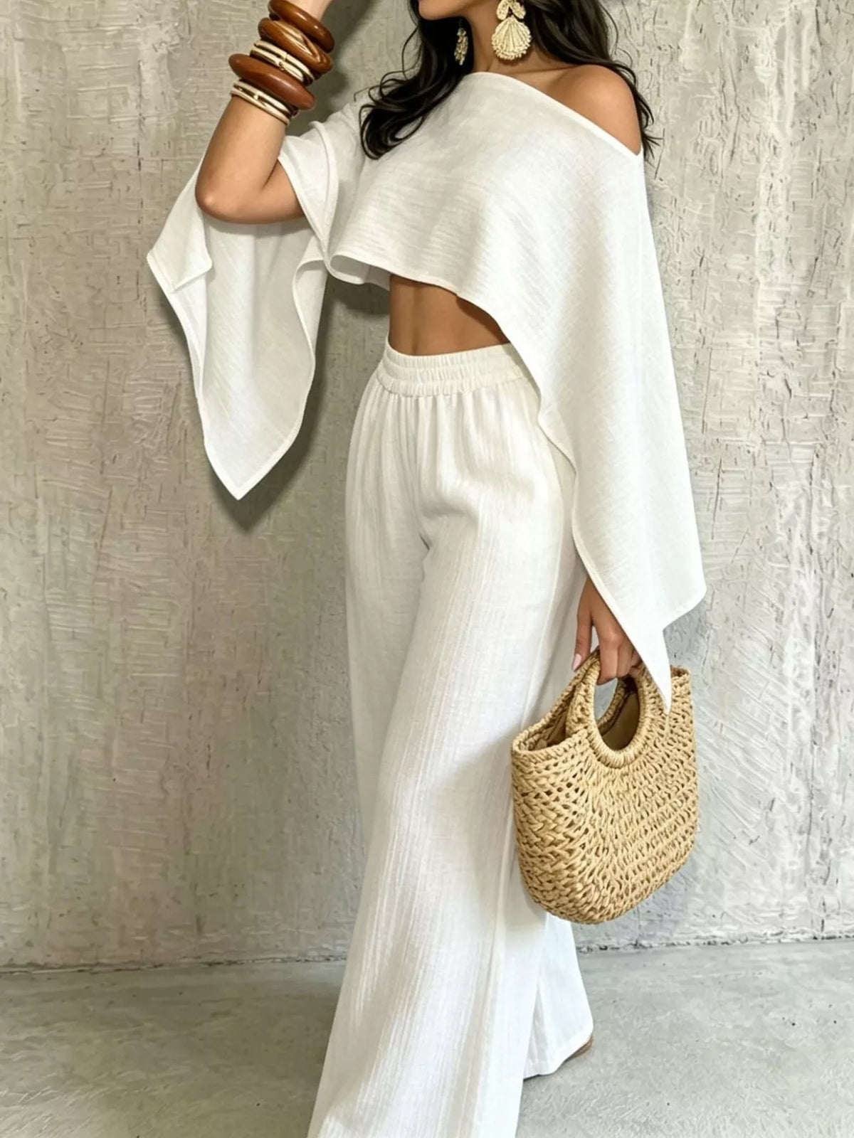 Boat Neck Crop Top and Wide-Leg Pants Set