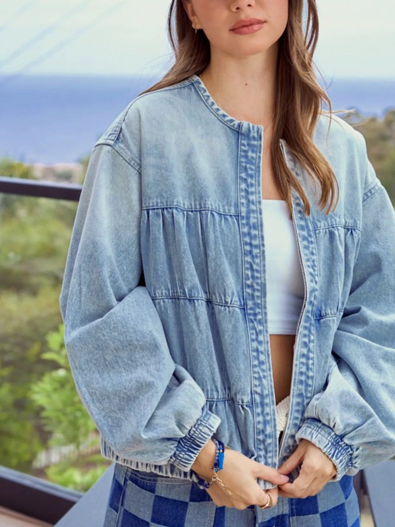 Washed Zip-Up Denim Jacket in Medium Wash