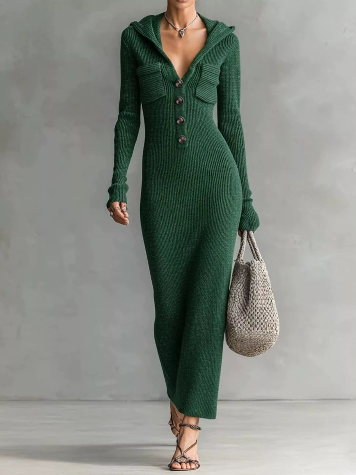 Hooded Knit Maxi Dress with Chest Pockets
