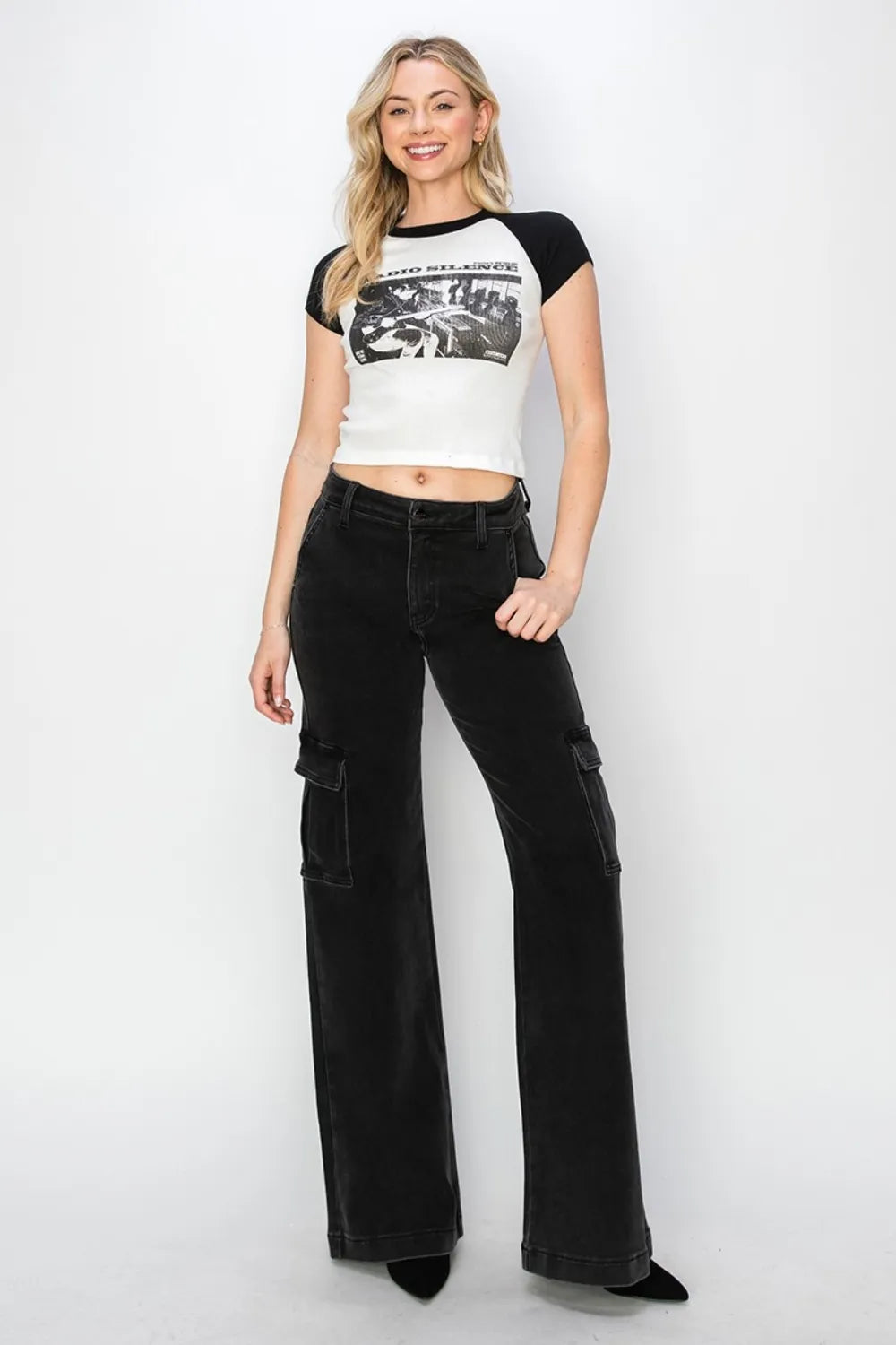 Risen High Rise Wide Leg Cargo Jeans in Black
