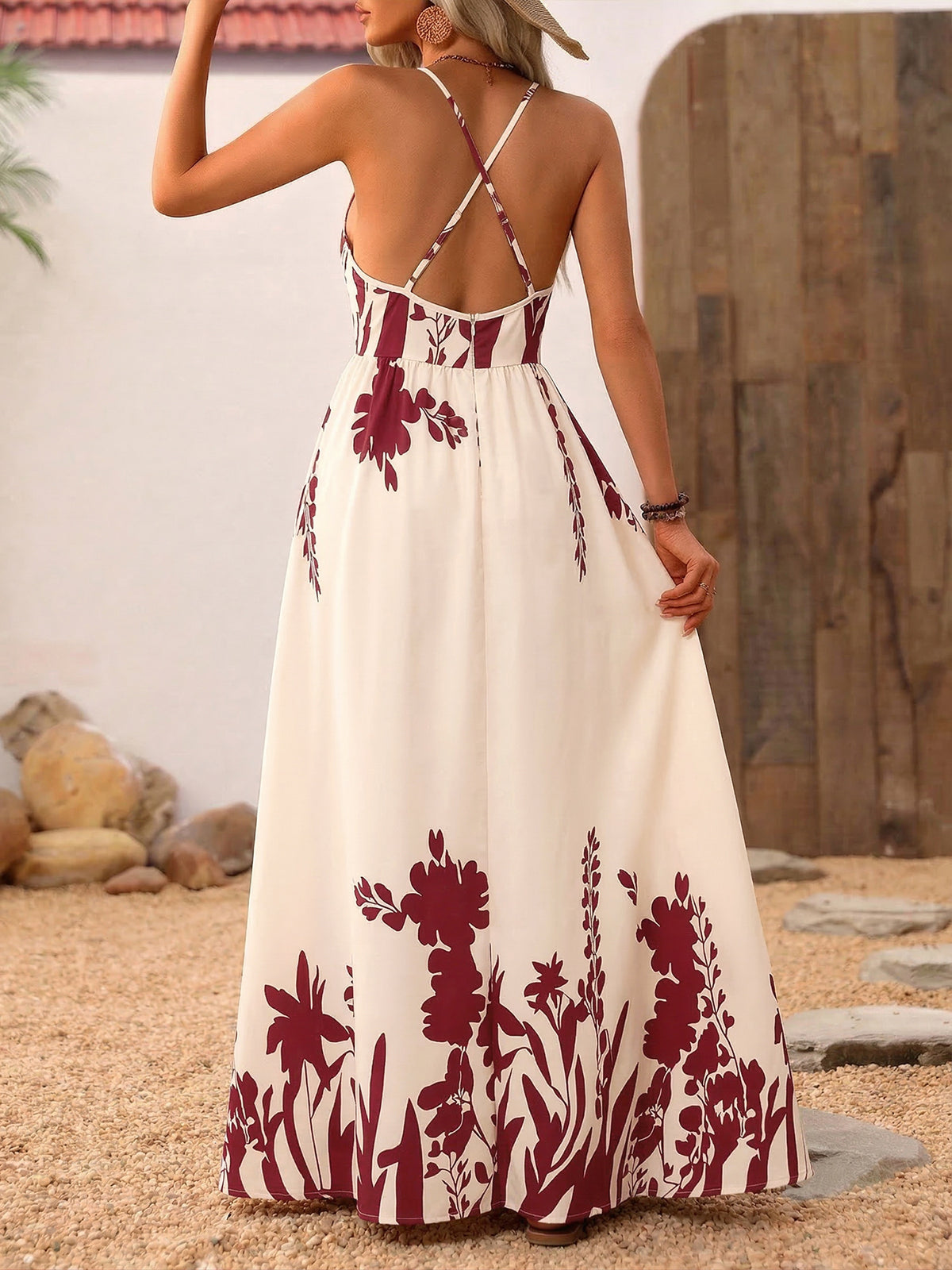 Deep V-Neck Spaghetti Strap Maxi Dress in Red