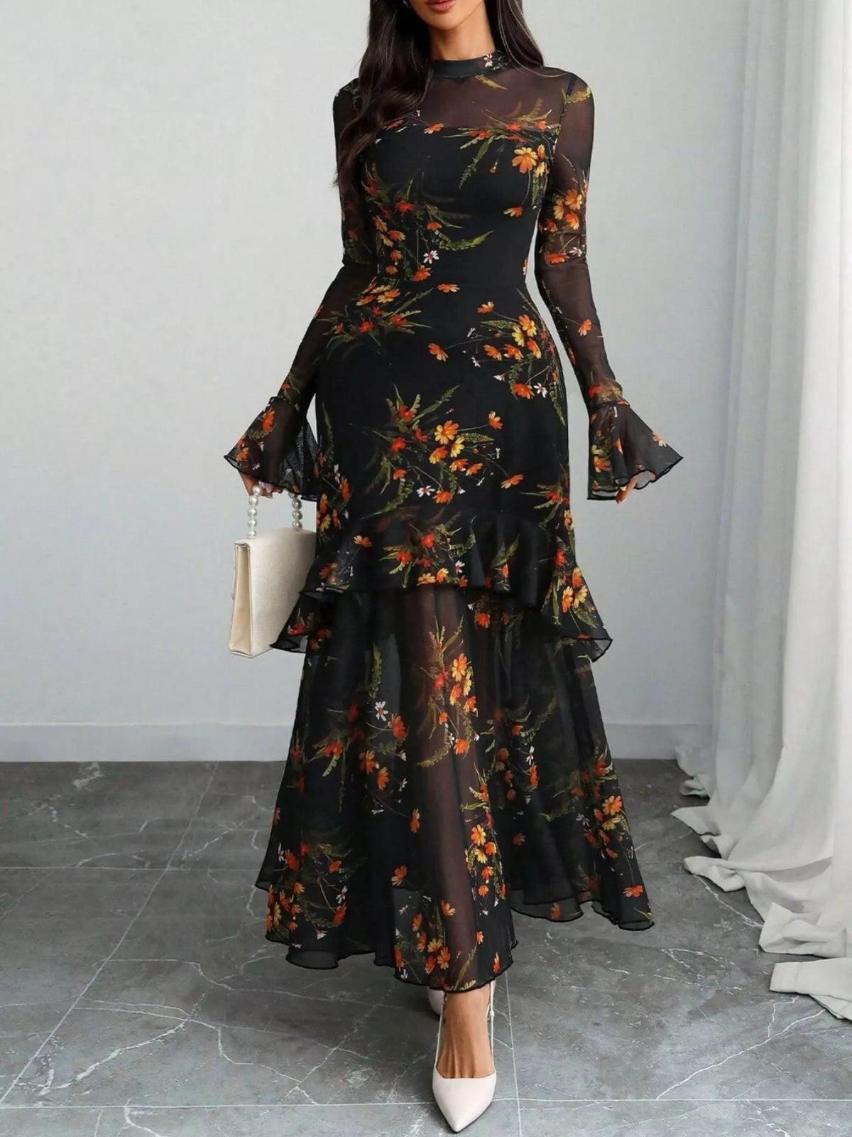 Flounce Sleeve Floral Mermaid Maxi Dress