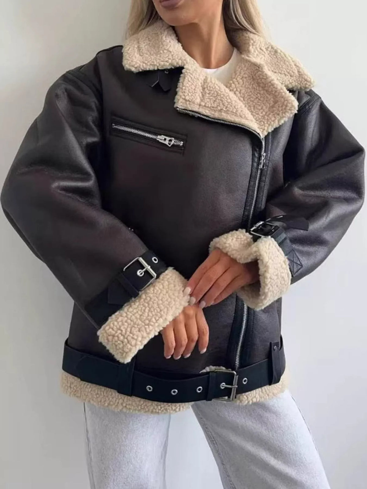 Faux Leather Zip-Up Jacket in Dark Brown