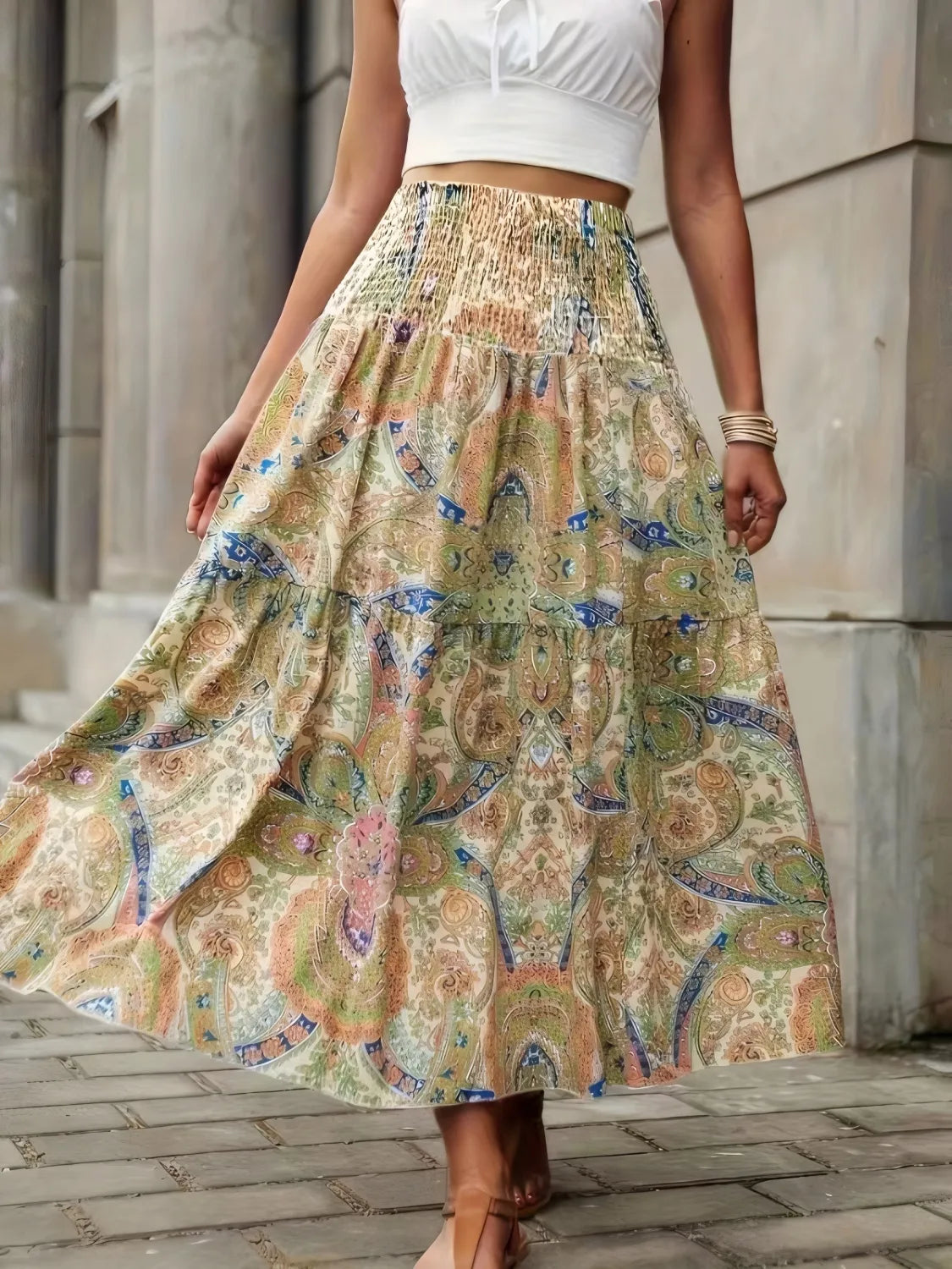 Smocked Printed High-Waisted Skirt