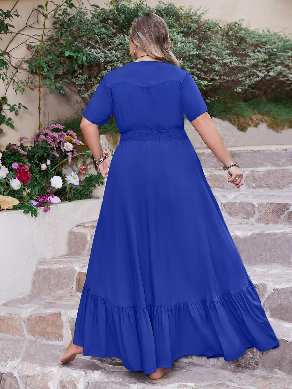 V-Neck Ruffled Hem Maxi Dress in Royal Blue