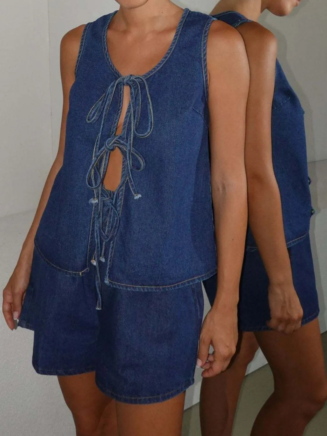 Tie-Front Vest and Shorts Denim Set