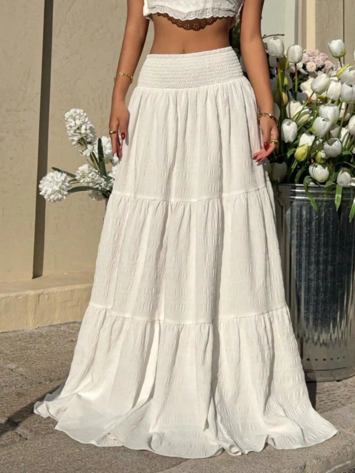 Smocked Tiered Maxi Skirt in White