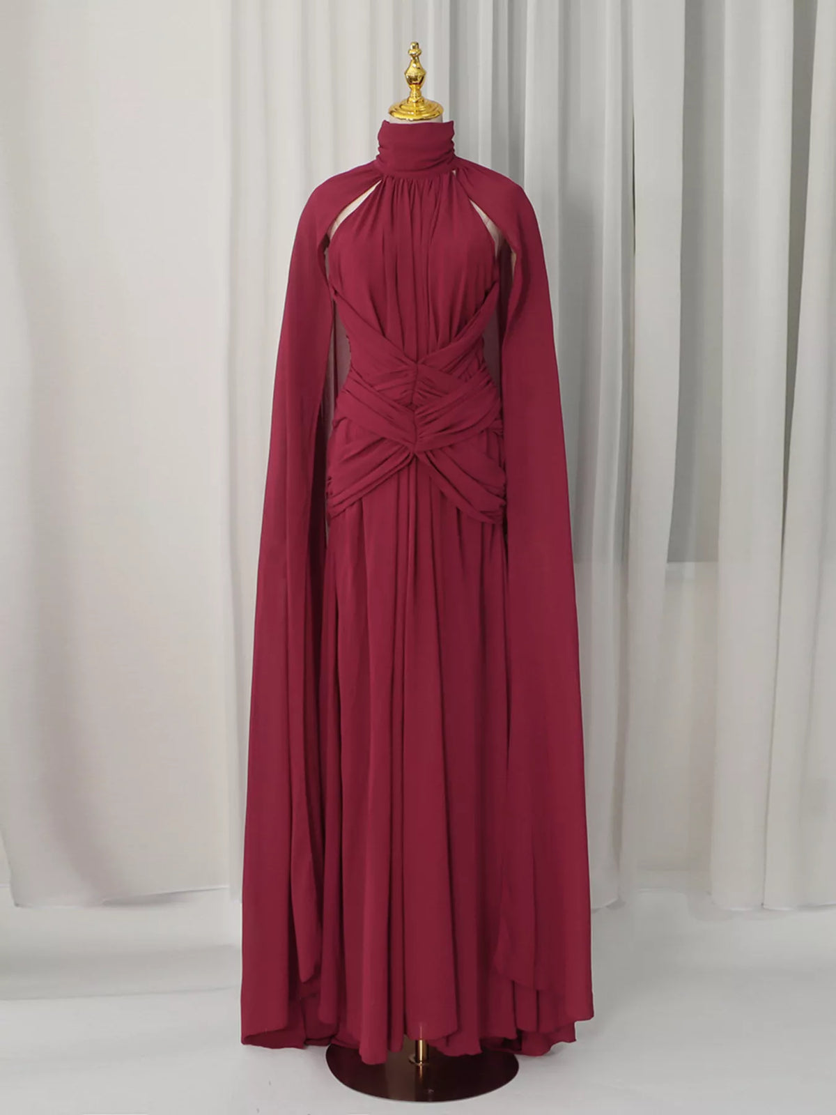 Ruched Halter Neck Cape Maxi Dress in Red