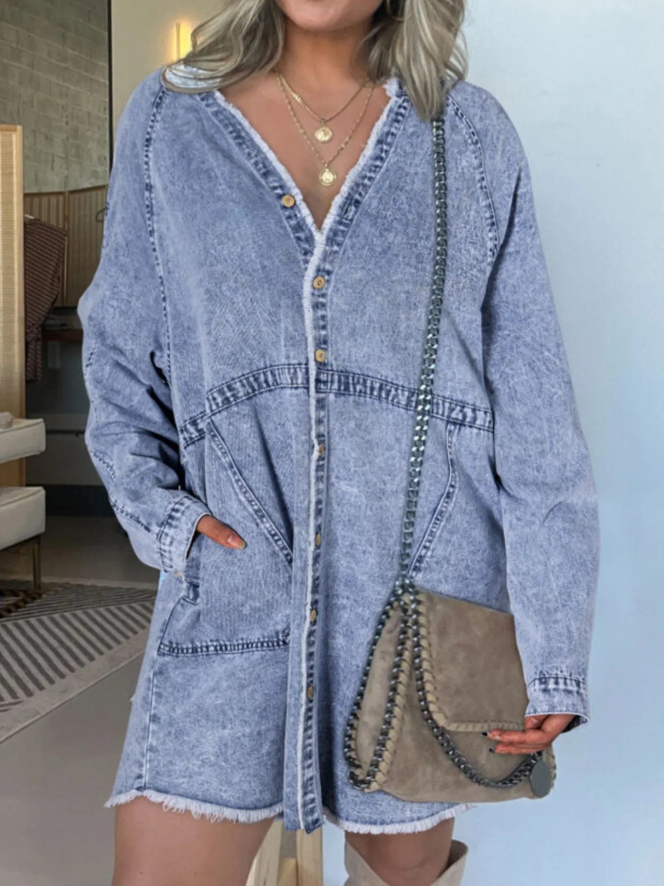Oversized Button-Front Denim Shirt Dress