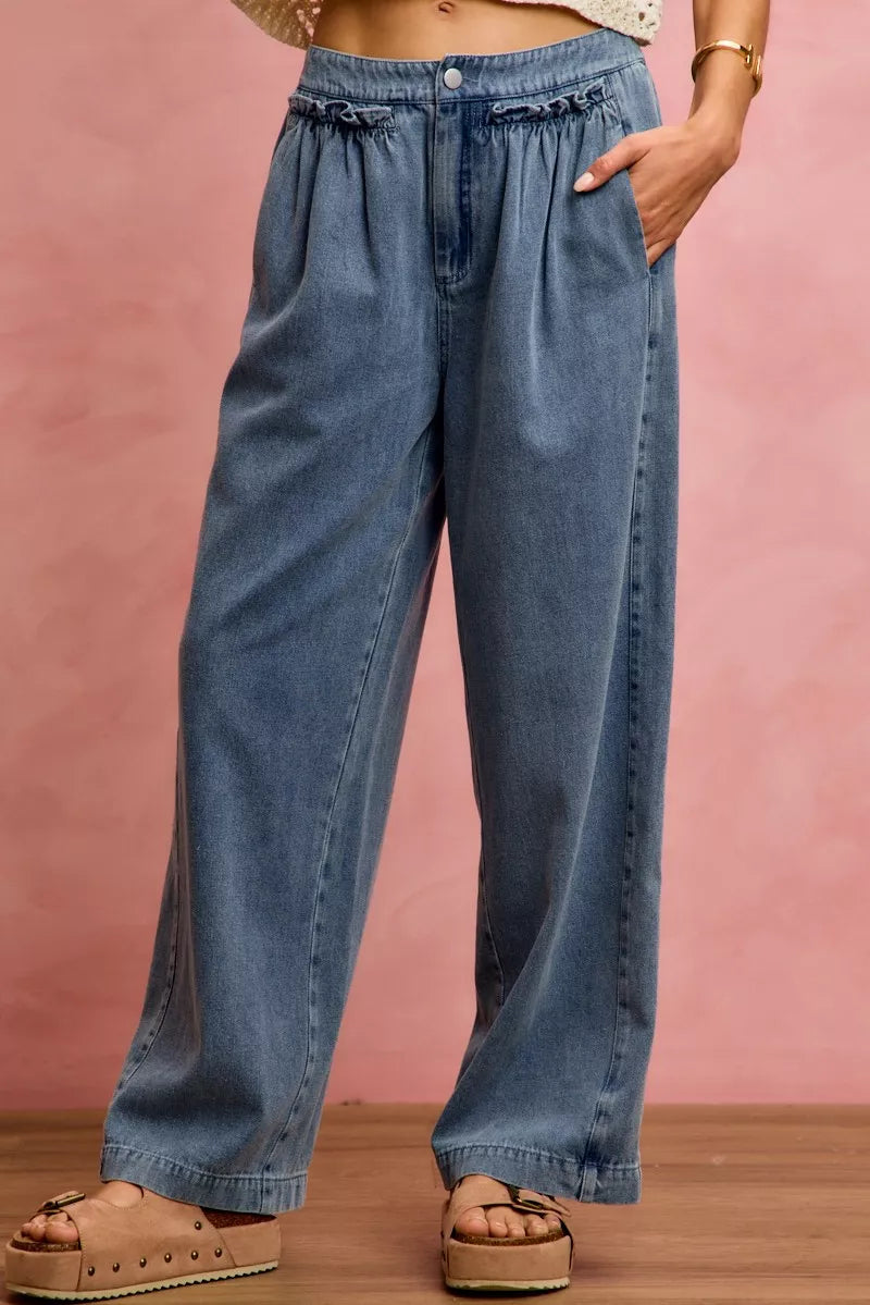 So Me Ruffled Front Wide Leg Jeans in Denim