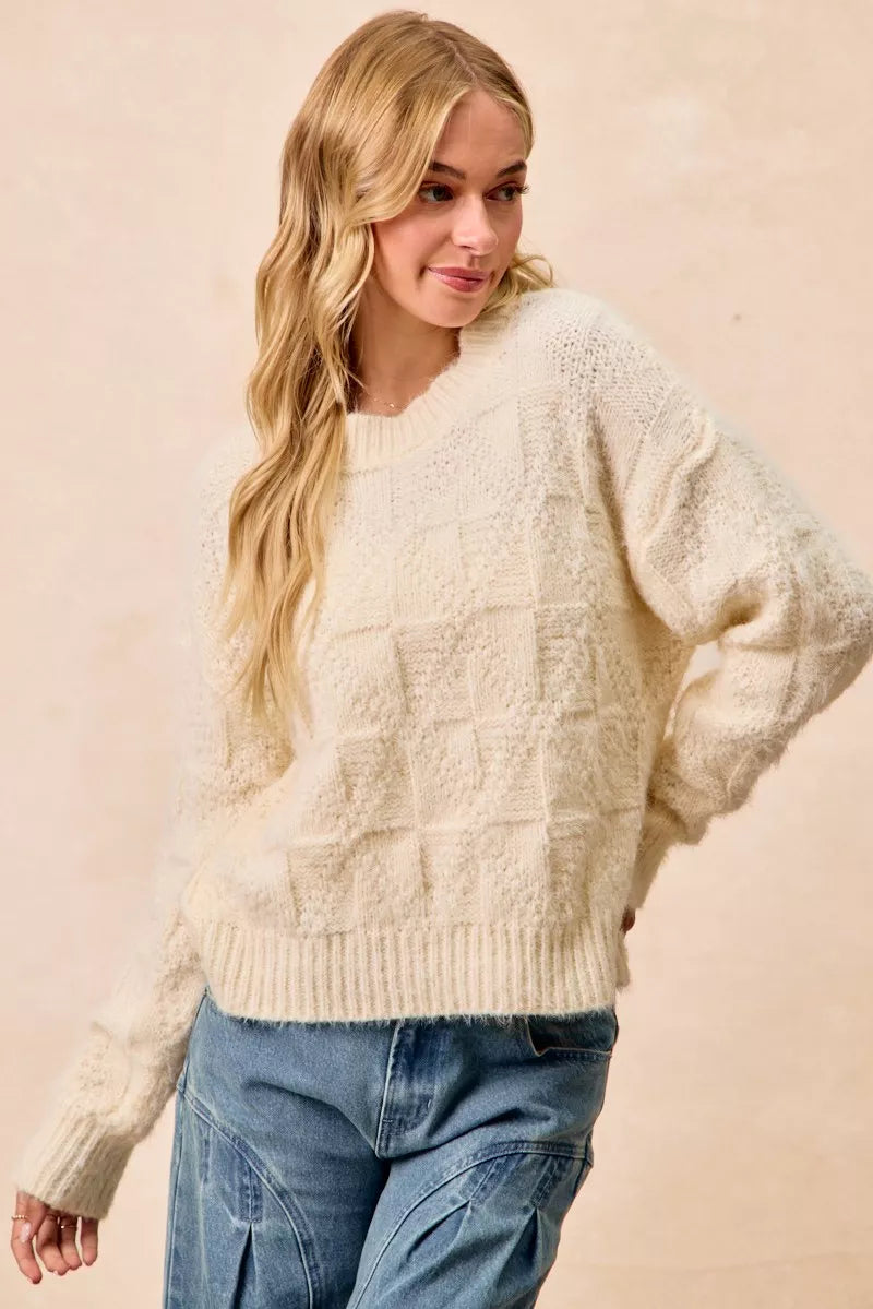 Checkerboard Drop Shoulder Sweater in Ivory by BiBi