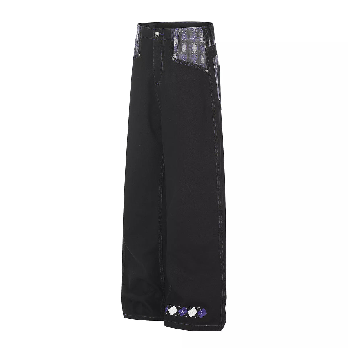 High-Waisted Wide-Leg Jeans with Argyle Accents in Black by TrendMaster