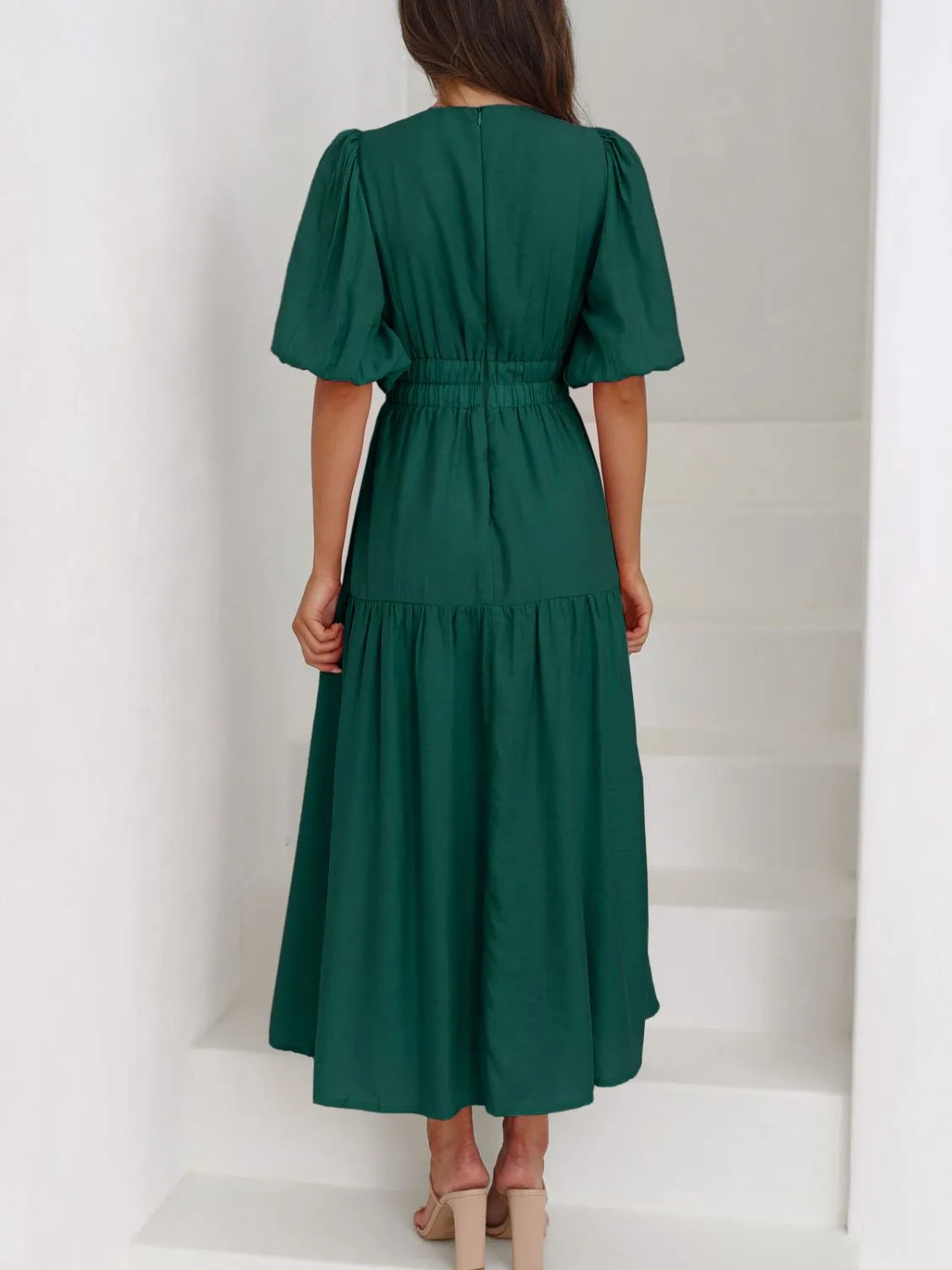V-Neck Puff Sleeve Ruched Midi Dress
